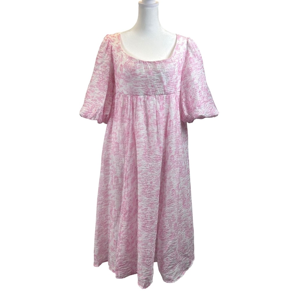 In Loom Toile Midi Dress Puff Sleeve Lace Up Women's Medium Babydoll Coquette